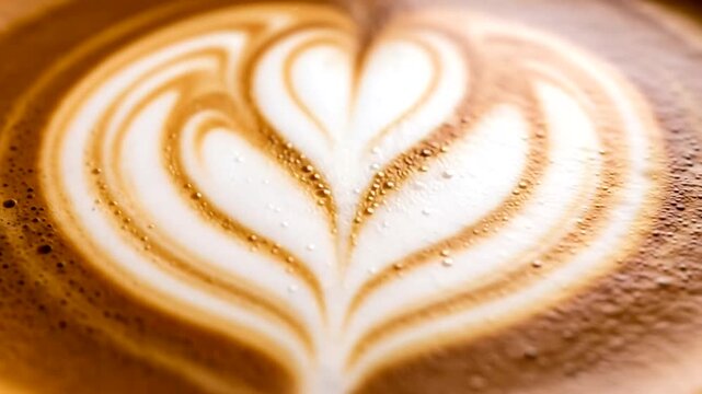 Detailed close-up of a latte art heart design, showcasing the intricate patterns and textures of the milk foam.