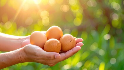 Close Up of Hands Holding Brown Eggs with Blurred Green Bokeh Background Under Bright Sunlight
