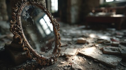 An old ornate mirror in a dilapidated room showing signs of abandonment and decay