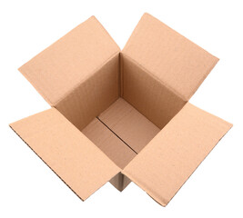 open corrugated cardboard box for mailing, on a transparent background, top view