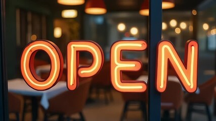 Illuminated open sign glows warmly in a restaurant window at night attracting customers - Powered by Adobe