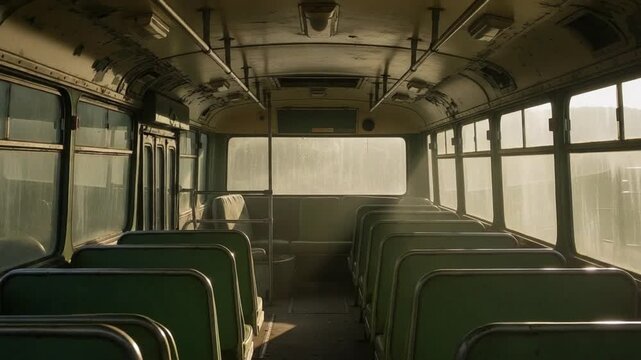 empty vintage bus interior sunlight dust