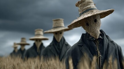 Eerie Plague Doctor Scarecrows in a Field Under a Dramatic Cloudy Sky