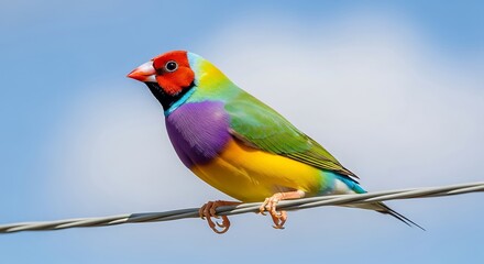 Colorful Gouldian Finch Bird Perched on Wire Against Bright Blue Sky