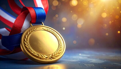 gold medal with ribbon on blue background