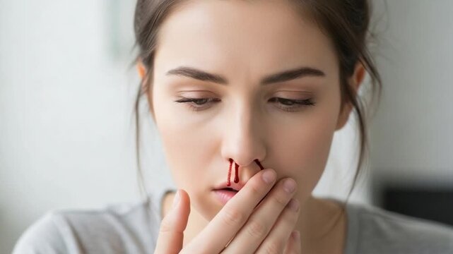 Woman with Nosebleed Touching Her Nose Indoors
