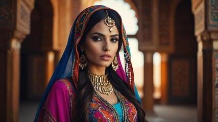 Beautiful Arabian woman in colorful themed ornate garment on a historical background