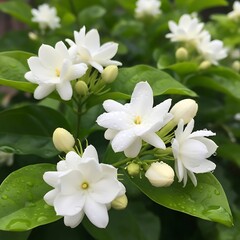 Obraz premium Fragrant Jasmine Blossoms - A Close-Up of White Flowers and Buds.