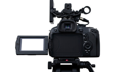 Professional black video camera or DSLR with a mounted microphone and open white screen on a tripod isolated on white background