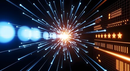 Abstract explosion of blue light streaks from a bright central core against a dark background with digital elements