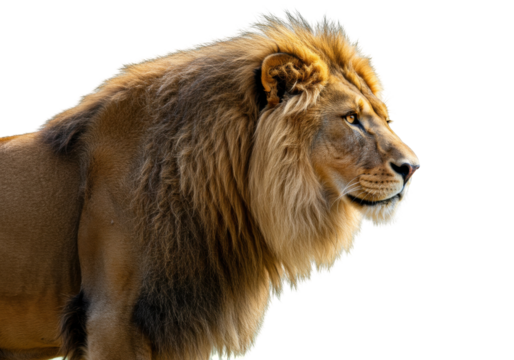 Majestic male lion isolated on transparent background, powerful predator with golden mane in profile portrait, wildlife animal