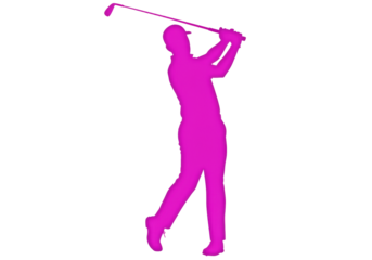 Magenta golfer silhouette isolated PNG, man swinging golf club in action pose for sports design and athletic themed projects