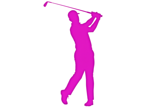 Magenta golfer silhouette isolated PNG, man swinging golf club in action pose for sports design and athletic themed projects