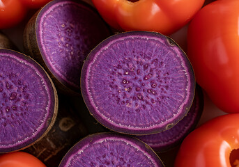 
Macro Close-Up of Sliced Purple Ube Yam and Pile of Pink-Purple Sweet Peppers – Vivid Root Vegetable Texture.close up of a pile of pink and purple sweet pepper, Macro shot of sliced purple ube yam 