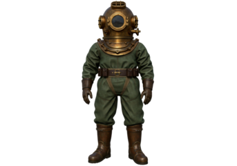 Vintage diving suit PNG isolated on transparent background, antique deep sea diver gear for steampunk and historical themes