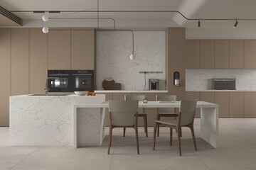 Modern kitchen interior design with white quartz countertops, sleek cabinets, and minimalist lighting design. 3D Rendering. 3D Illustrations