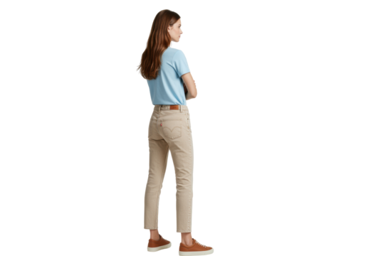 Young woman in casual outfit isolated, wearing jeans and sneakers, back view, full length, fashion and lifestyle concept