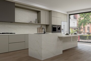 Modern luxury kitchen with quartz backsplash, pendant lamps, wooden flooring, and seamless cabinetry. 3D Rendering