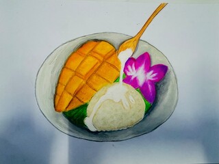 A realistic painting of Thai mango sticky rice with ripe yellow mango, sweet coconut sauce, and glutinous rice.