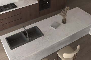 Premium kitchen interior with polished quartz countertops and elegant design elements. 3D Illustrations. 3D Rendering