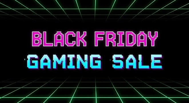 Retro pixel art style black friday gaming sale text with a neon grid background, evoking a vintage arcade game aesthetic