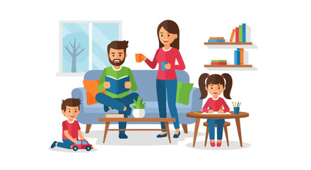 Obraz premium Family at home flat design Vector illustration in cartoon style