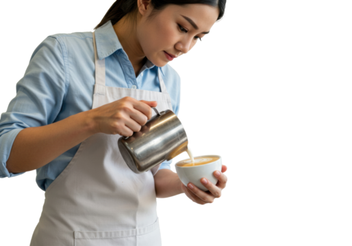 Asian barista pouring milk into coffee cup isolated, latte art preparation on transparent background, cafe beverage