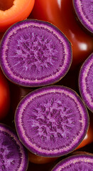 
Macro Close-Up of Sliced Purple Ube Yam and Pile of Pink-Purple Sweet Peppers – Vivid Root Vegetable Texture.close up of a pile of pink and purple sweet pepper, Macro shot of sliced purple ube yam 