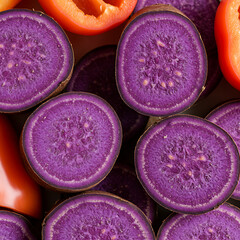 
Macro Close-Up of Sliced Purple Ube Yam and Pile of Pink-Purple Sweet Peppers – Vivid Root Vegetable Texture.close up of a pile of pink and purple sweet pepper, Macro shot of sliced purple ube yam 