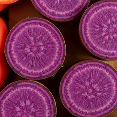 
Macro Close-Up of Sliced Purple Ube Yam and Pile of Pink-Purple Sweet Peppers – Vivid Root Vegetable Texture.close up of a pile of pink and purple sweet pepper, Macro shot of sliced purple ube yam 