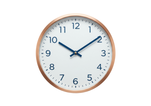 Analog wall clock with blue hands and numbers isolated on transparent background, time management and home decor concept