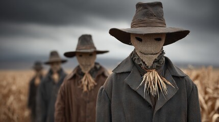 Creepy scarecrows standing in a field under a cloudy sky Halloween theme