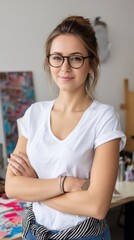 Obraz premium Smiling female graphic designer with confidence, posing in a creative studio. 