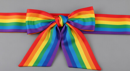 A vibrant rainbow ribbon, featuring all the colors of the rainbow, is tied into a bow, creating a symbol of pride and diversity on a gray backdrop