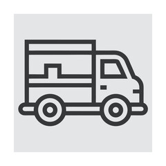 Black outline icon of a delivery truck on a light gray background vector illustration