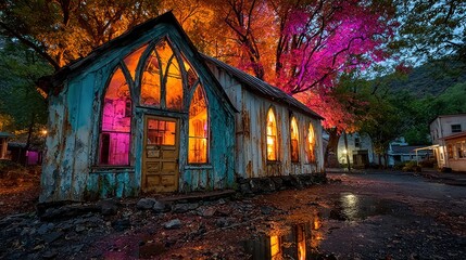 Mysterious Old Church at Dusk, Illuminated by Glowing Lights and Colorful Trees