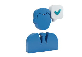 Blue 3D businessman with checkmark speech bubble isolated PNG, business communication and agreement concept on transparent background