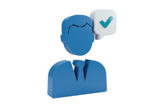 Blue 3D businessman with checkmark speech bubble isolated PNG, business communication and agreement concept on transparent background