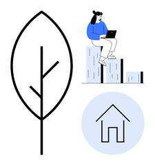 Leaf outline symbolizing nature, woman working on laptop atop bar chart for growth and progress, minimal house sketch. Ideal for eco-friendly living, tech growth, remote work, sustainability