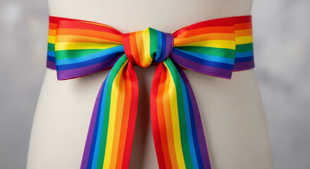 A vibrant rainbow ribbon, featuring all the colors of the rainbow, is tied into a bow, creating a symbol of pride and diversity on a mannequin