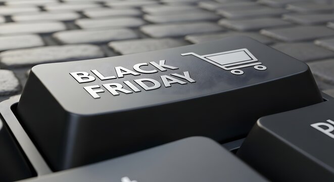 Black friday shopping cart icon on a keyboard key, representing online sales and ecommerce promotions - Powered by Adobe