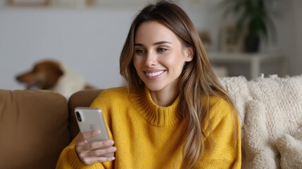 Smiling young woman video calling friends from her sofa in a cozy living room.