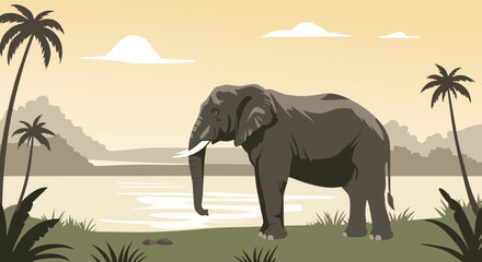 Fototapeta premium Elephant by the Riverside in Tropical Landscape