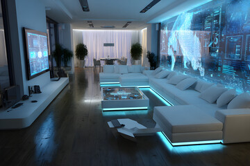 high tech living room featuring glowing digital interfaces chrome surfaces and sleek minimal futuristic furniture design