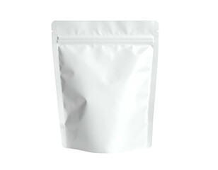 Clean, blank white stand-up pouch with a zipper closure, set against a black background