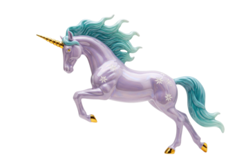 Isolated graceful purple unicorn with flowing turquoise mane and golden horn figurine