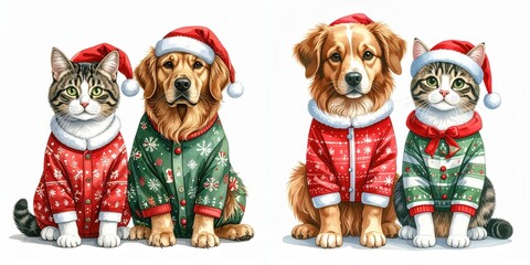 Two dogs and two cats wearing festive Christmas sweaters and Santa hats watercolor illustration