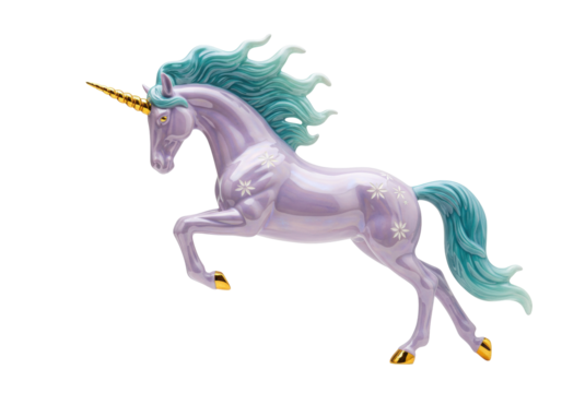 Isolated graceful purple unicorn with flowing turquoise mane and golden horn figurine