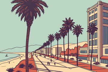 Santa Monica Boulevard in Los Angeles, California, wide palm-fringed street leading toward ocean views