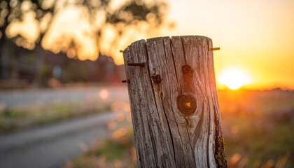 Rustic Wooden Post at Sunset - A Serene Countryside Scene.